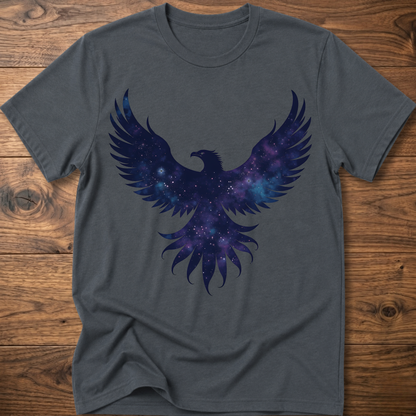 Charcoal gray crew-neck T-shirt with galaxy eagle and winged emblem graphic