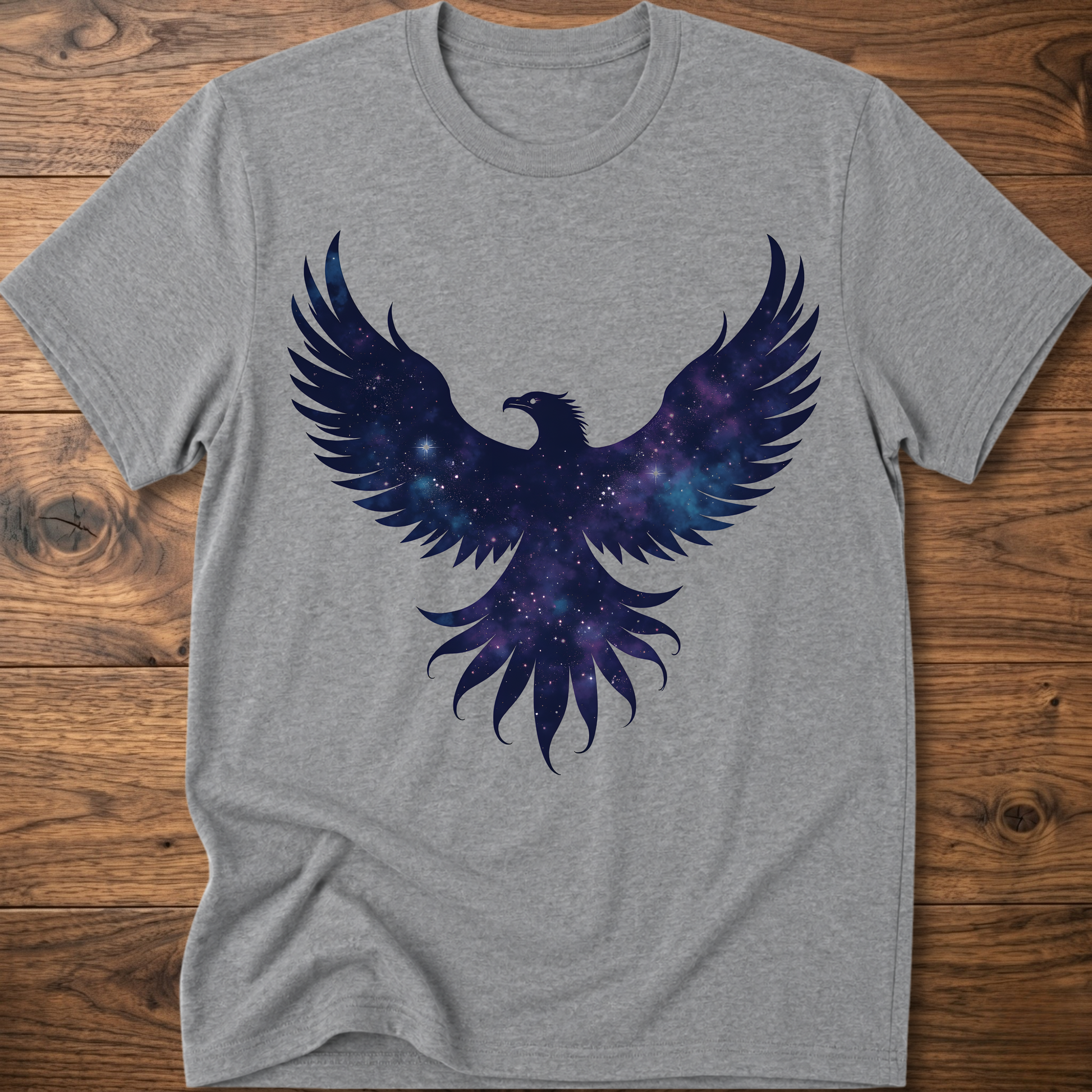 Heather gray crew-neck T-shirt with galaxy eagle and winged emblem graphic