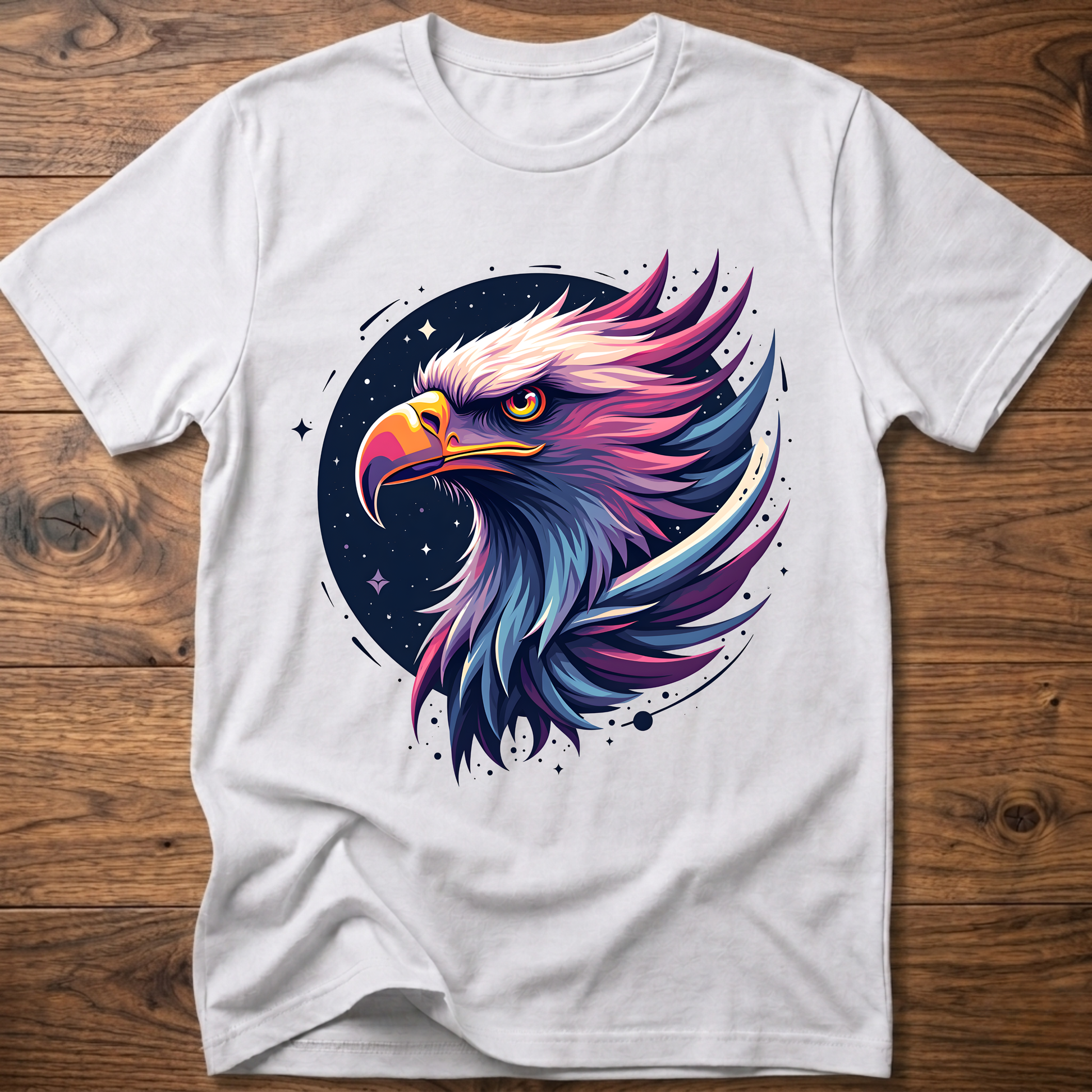 White crew-neck T-shirt with colorful galactic eagle head graphic on chest