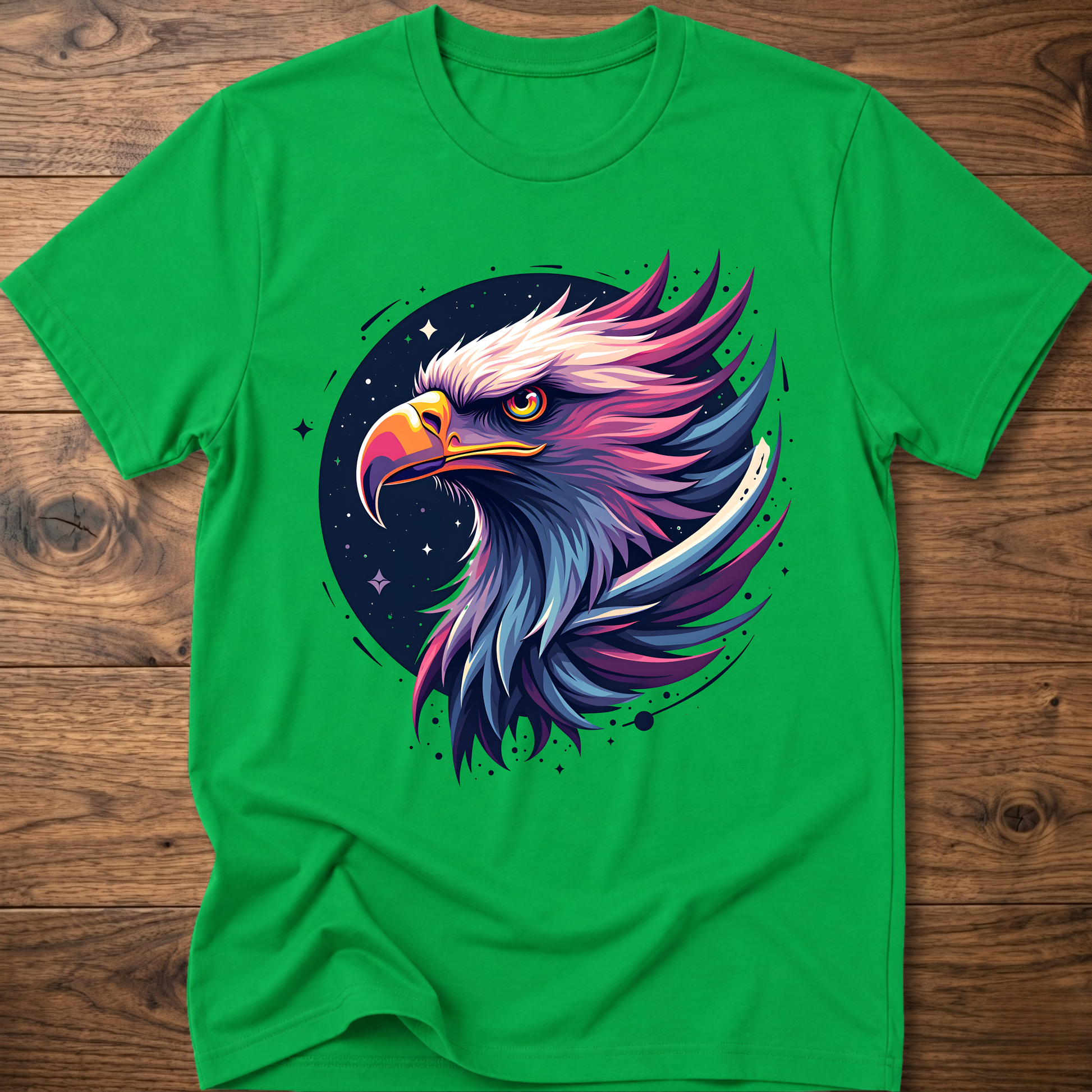 Green crew-neck T-shirt with colorful galactic eagle head graphic on chest