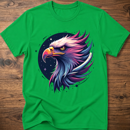 Green crew-neck T-shirt with colorful galactic eagle head graphic on chest