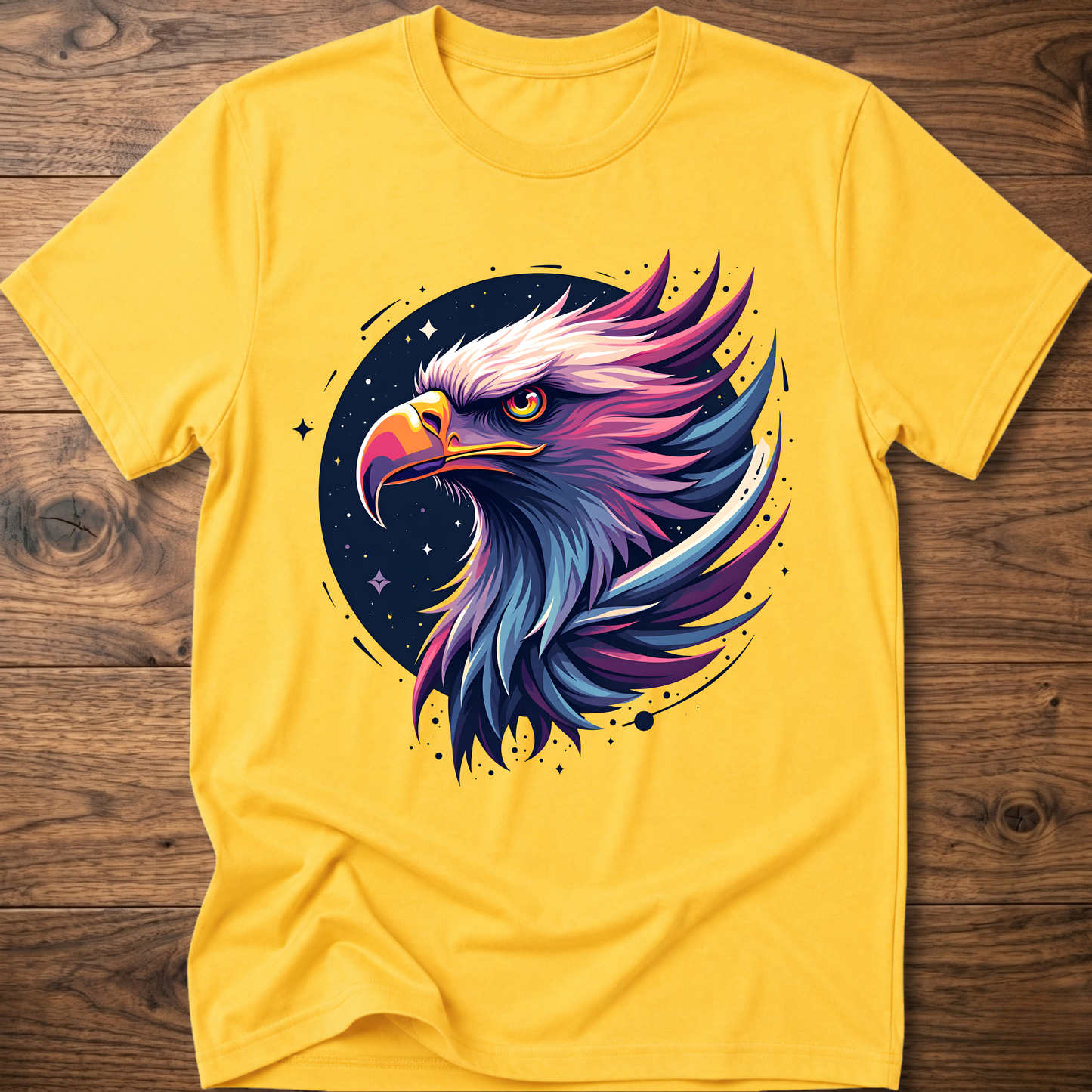 Yellow crew-neck T-shirt with colorful galactic eagle head graphic on chest