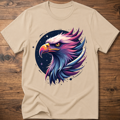 Sand crew-neck T-shirt with colorful galactic eagle head graphic on chest