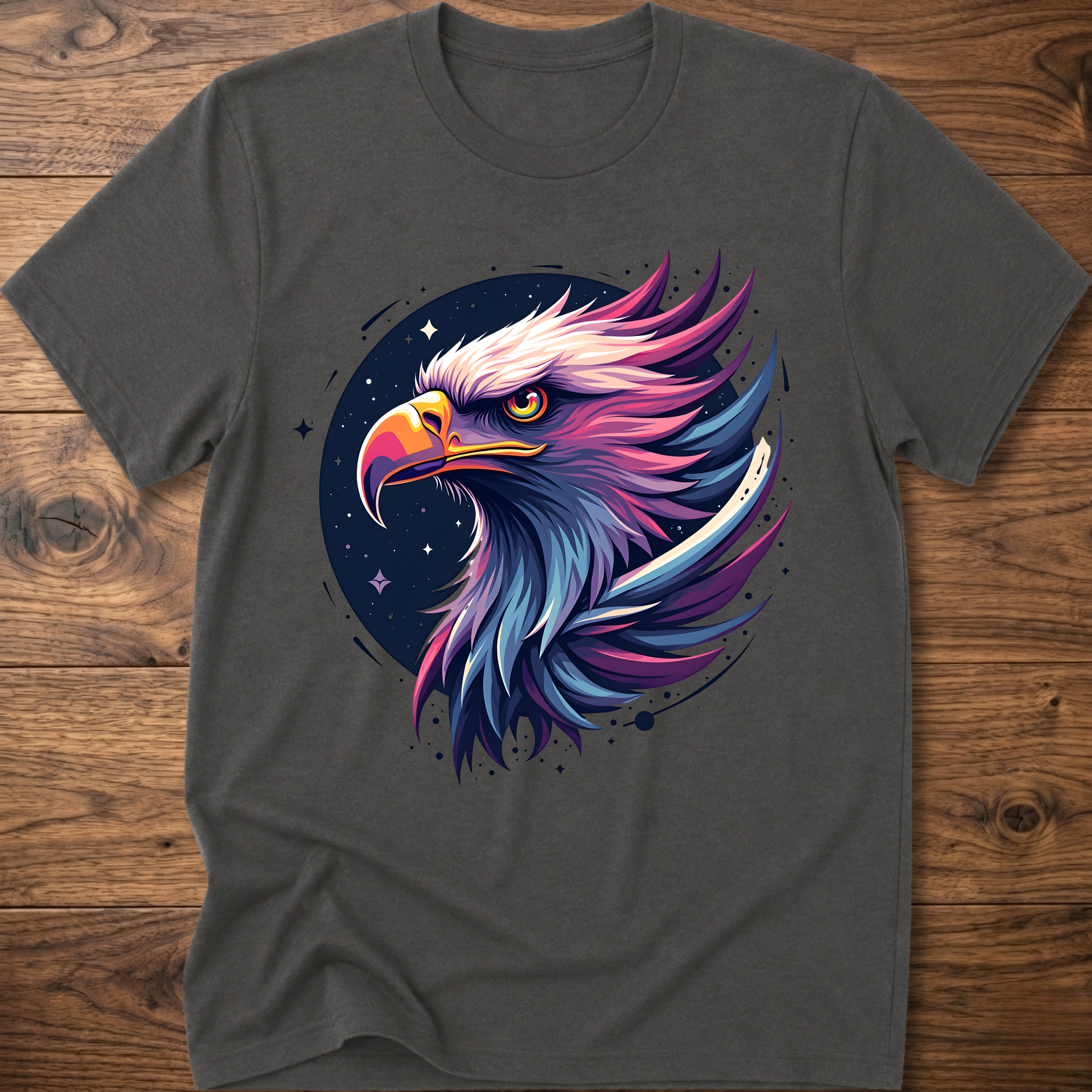 Charcoal gray crew-neck T-shirt with colorful galactic eagle head graphic on chest