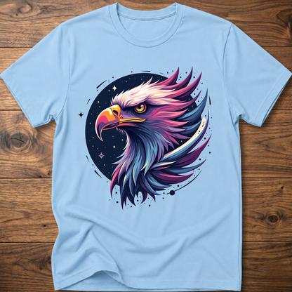 Light blue crew-neck T-shirt with colorful galactic eagle head graphic on chest