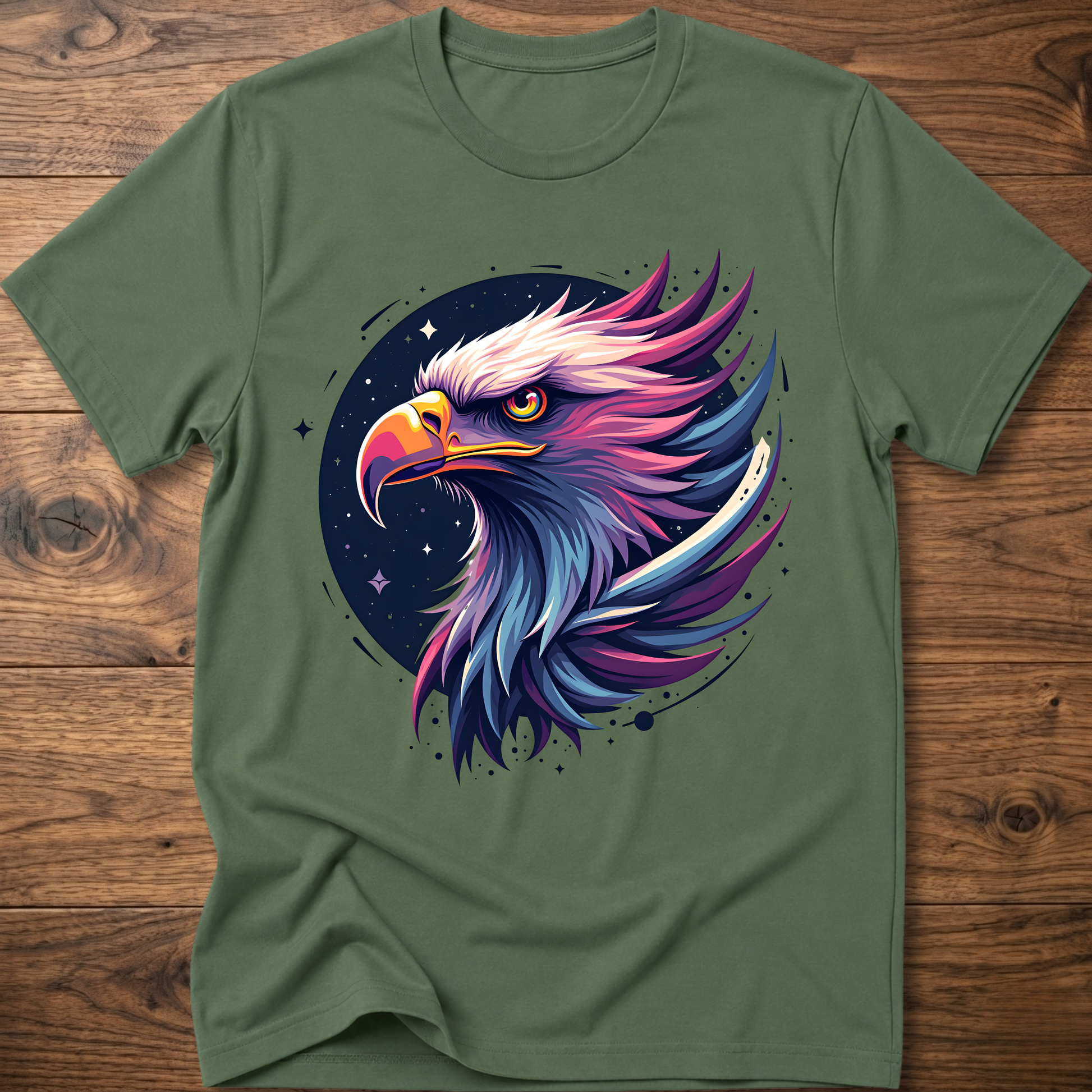 Military green crew-neck T-shirt with colorful galactic eagle head graphic on chest