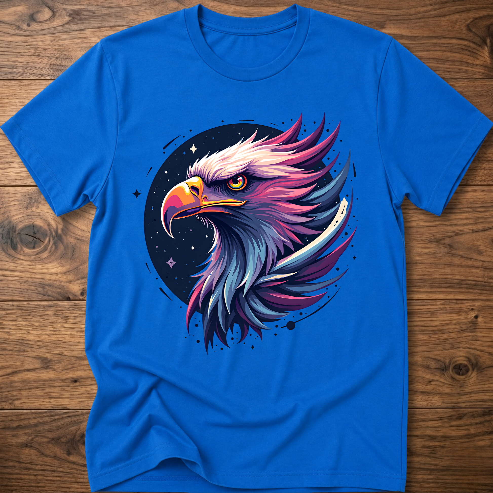 Royal blue crew-neck T-shirt with colorful galactic eagle head graphic on chest