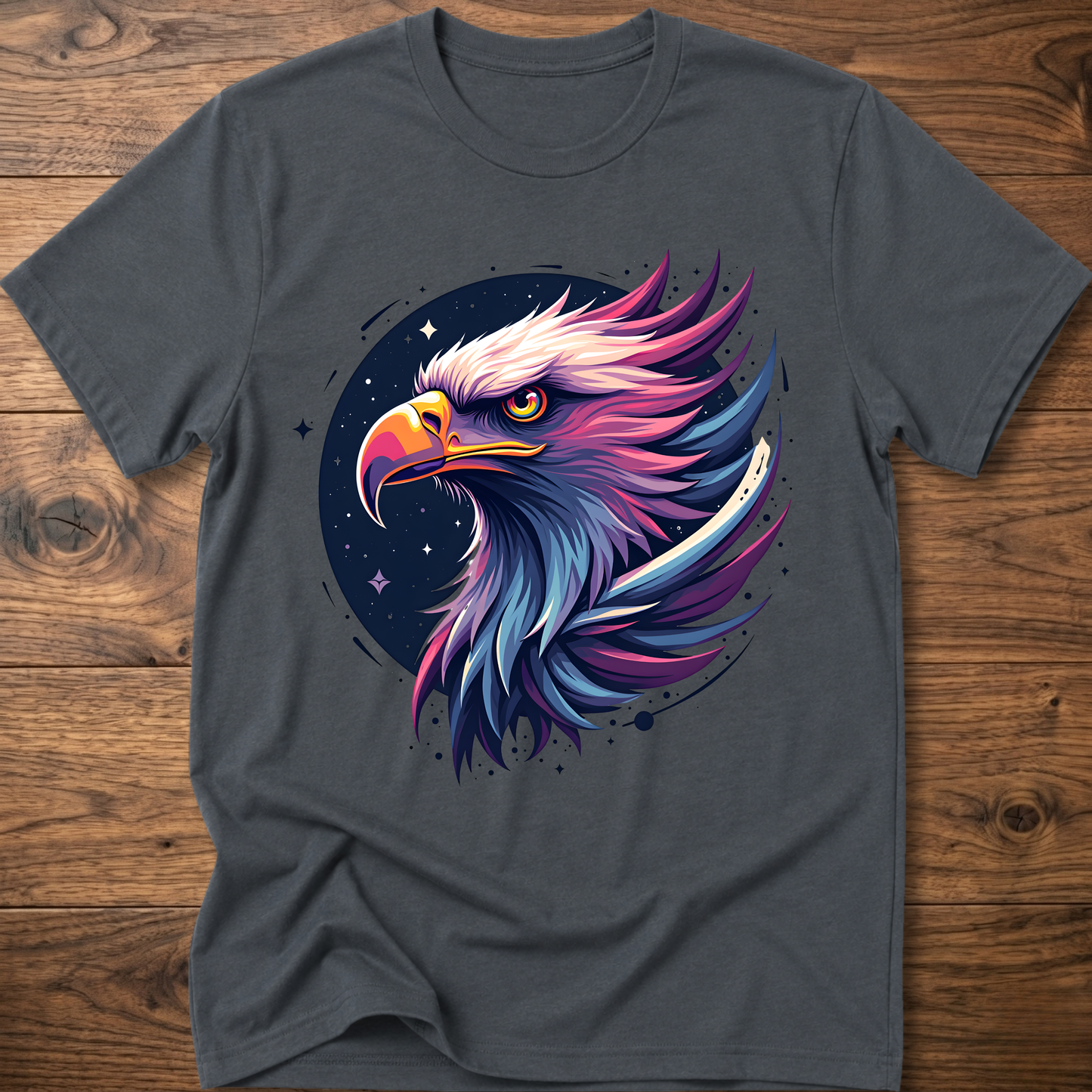 Dark gray crew-neck T-shirt with colorful galactic eagle head graphic on chest