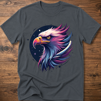Dark gray crew-neck T-shirt with colorful galactic eagle head graphic on chest