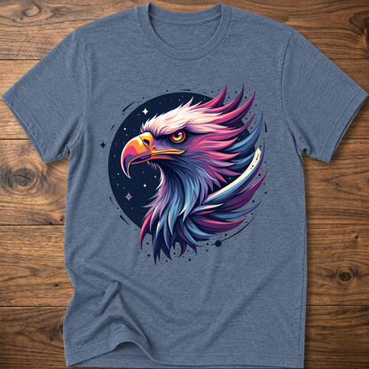 Heather blue-gray crew-neck T-shirt with colorful galactic eagle head graphic