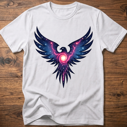White crew-neck t-shirt with colorful galaxy eagle graphic centered on chest