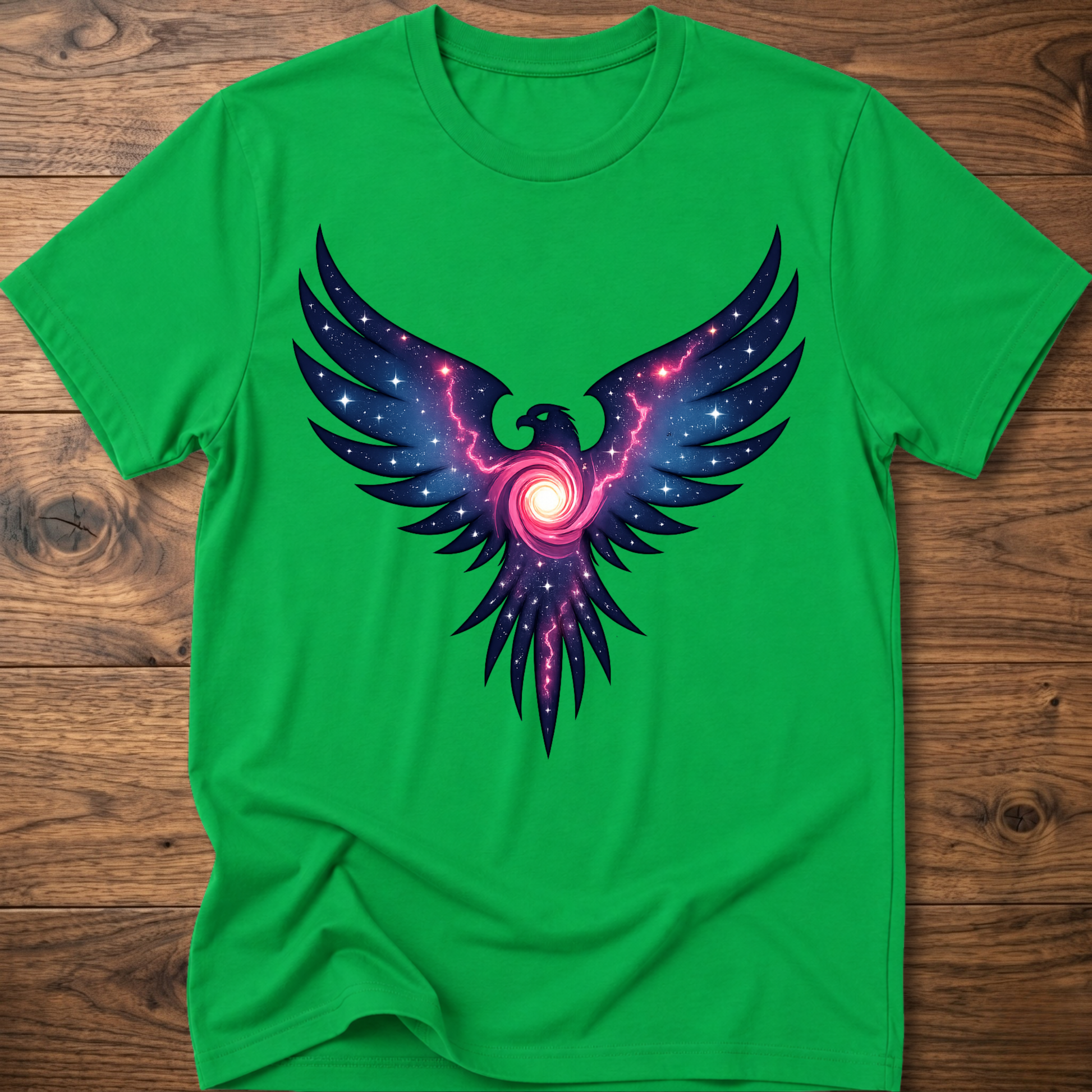 Bright green crew-neck t-shirt with colorful galaxy eagle graphic centered on chest