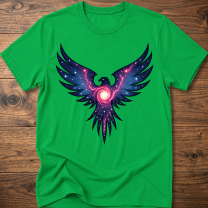 Bright green crew-neck t-shirt with colorful galaxy eagle graphic centered on chest