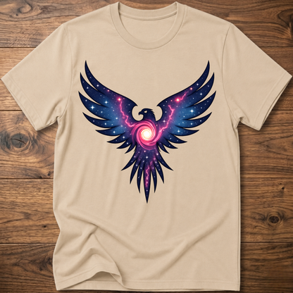 Sand crew-neck t-shirt with neon galaxy eagle graphic centered on chest