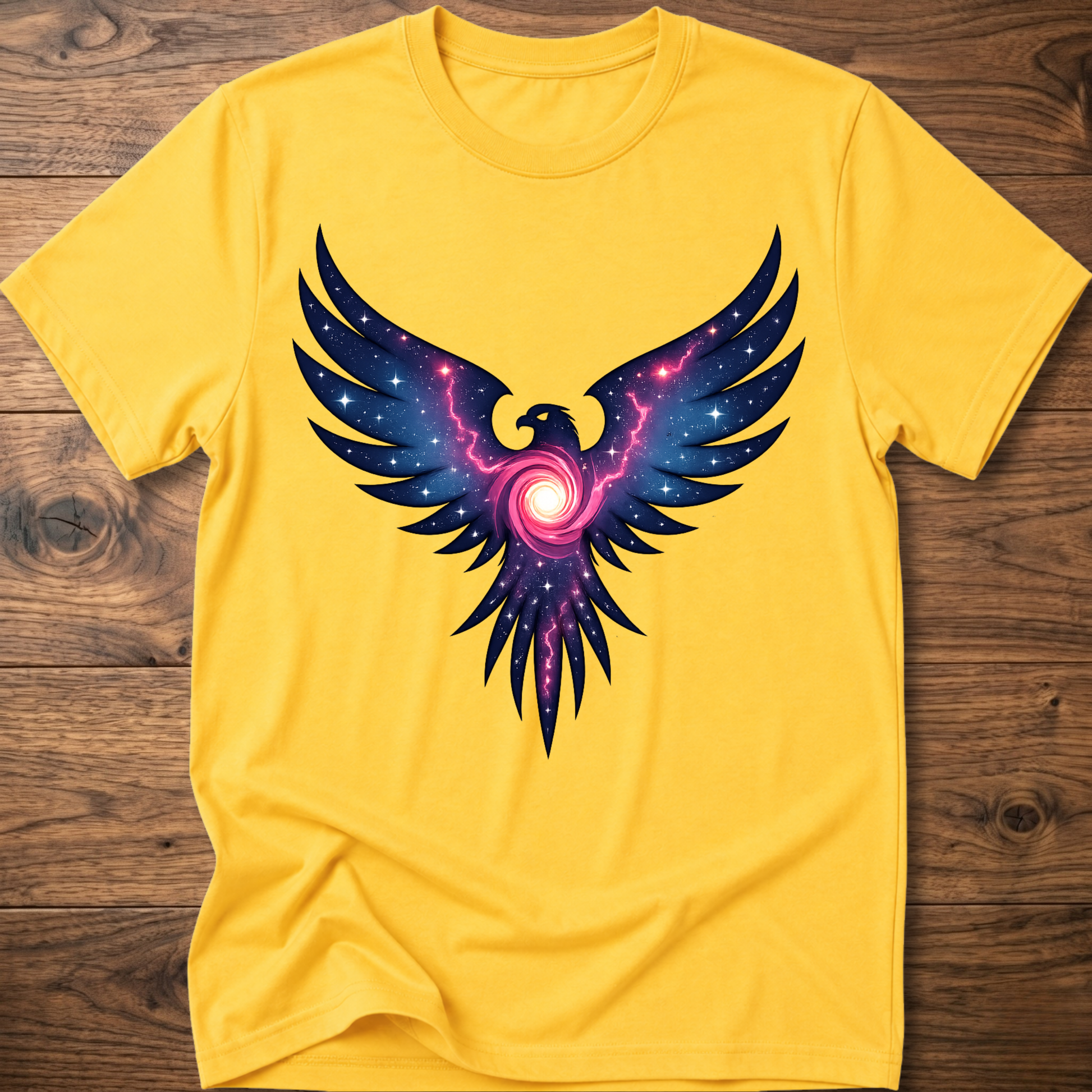 Yellow crew-neck t-shirt with colorful galaxy eagle graphic centered on chest