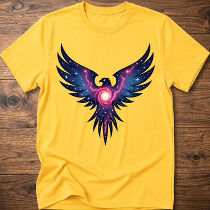 Yellow crew-neck t-shirt with colorful galaxy eagle graphic centered on chest