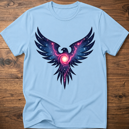 Light blue crew-neck t-shirt with colorful galaxy eagle graphic centered on chest