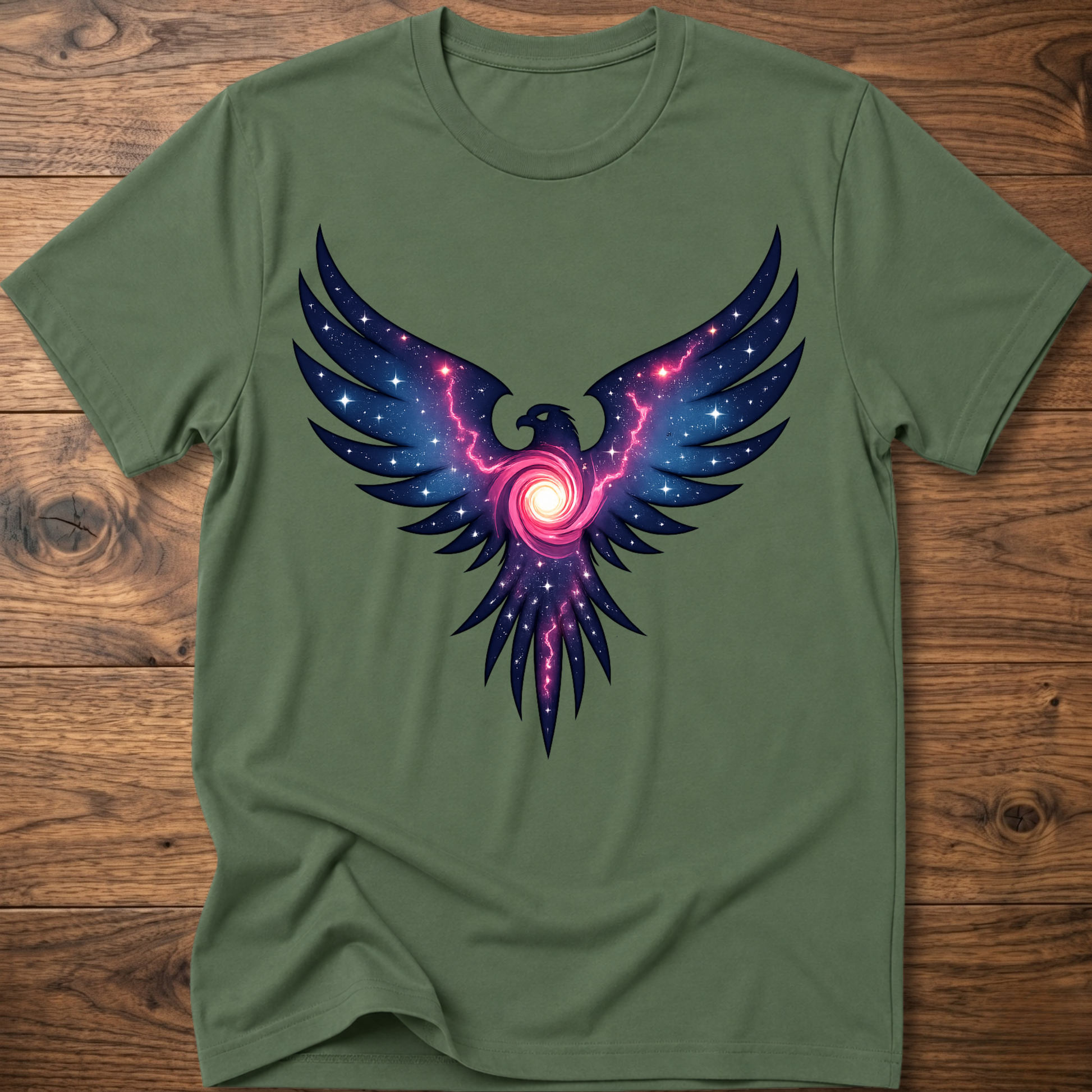 Olive green crew-neck t-shirt with colorful galaxy eagle graphic centered on chest