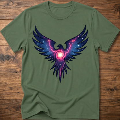Olive green crew-neck t-shirt with colorful galaxy eagle graphic centered on chest