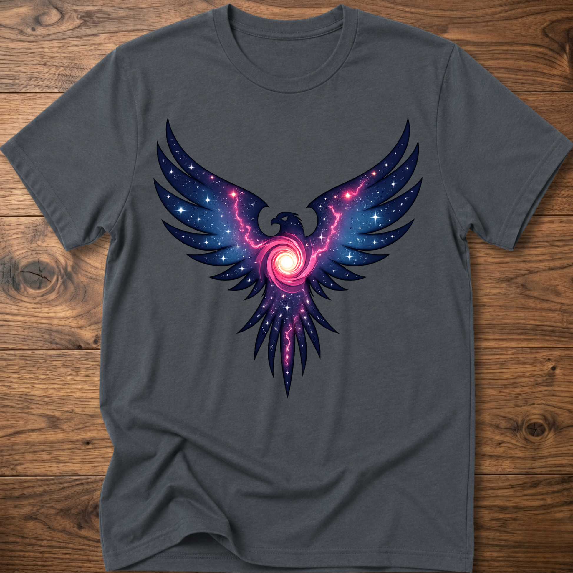 Charcoal gray crew-neck t-shirt with colorful galaxy eagle graphic centered on chest