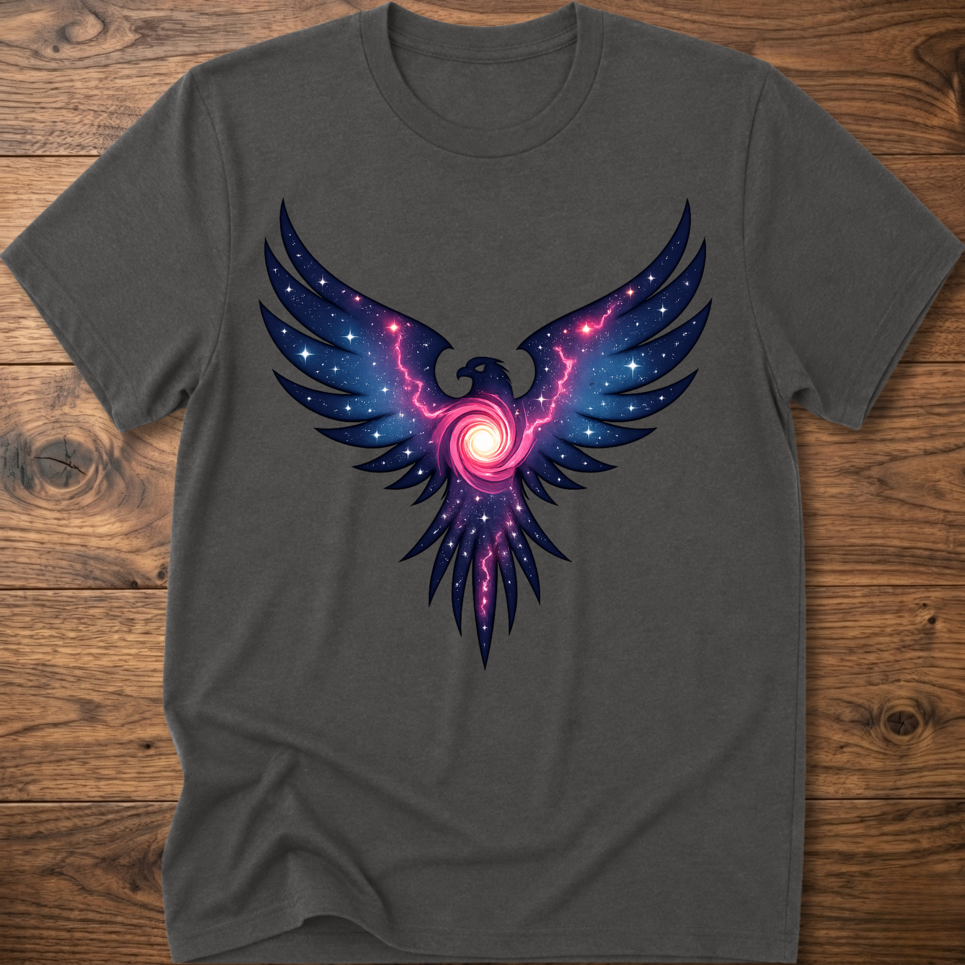 Dark gray heather crew-neck t-shirt with colorful galaxy eagle graphic centered on chest