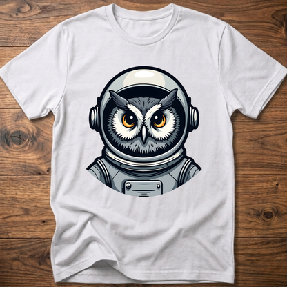 Owl astronaut graphic t-shirt, white; short sleeves, crew neck
