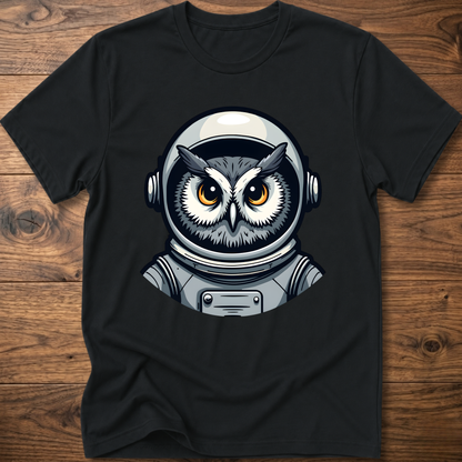 Owl astronaut graphic t-shirt, black; short sleeves, crew neck