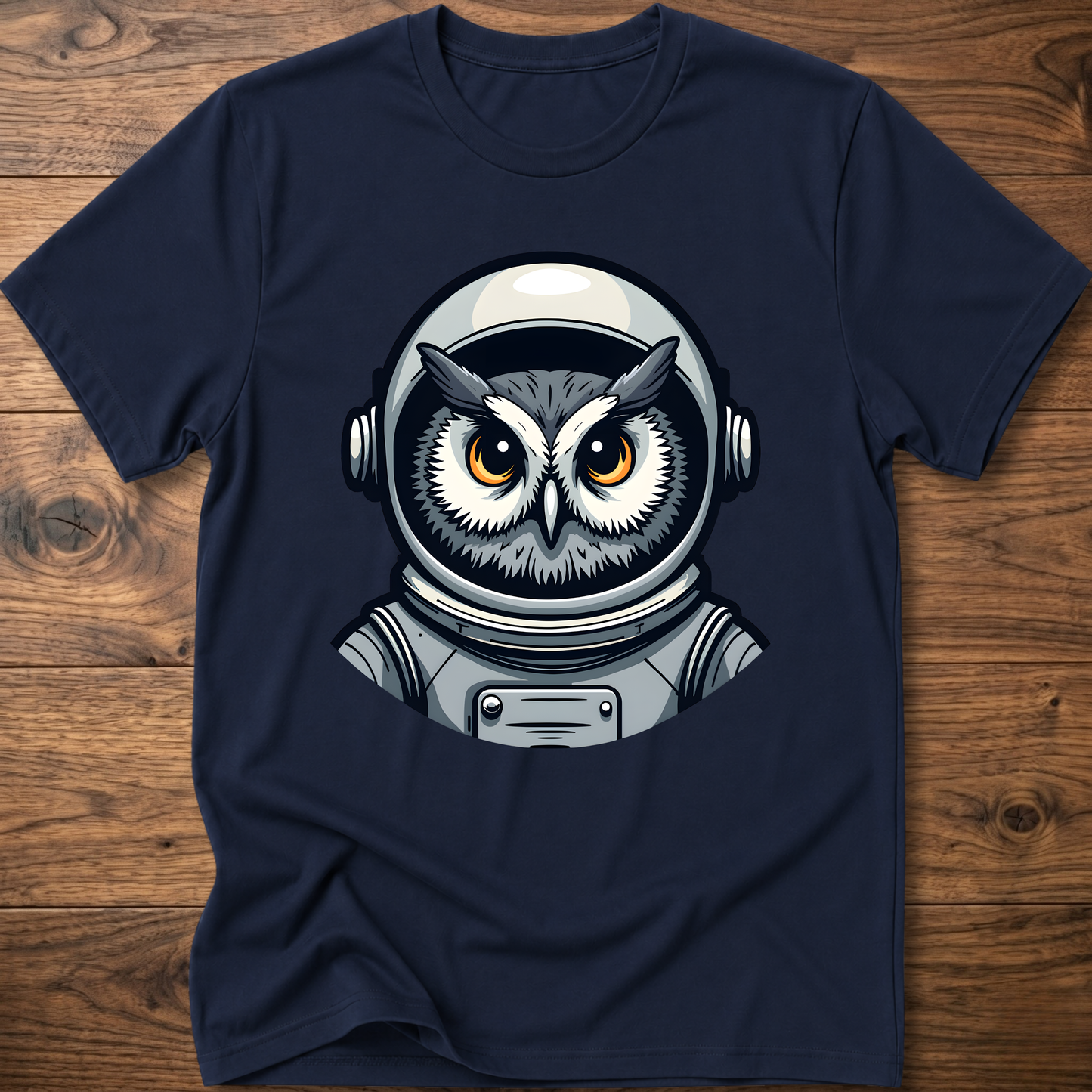 Owl astronaut graphic t-shirt, dark navy; short sleeves, crew neck