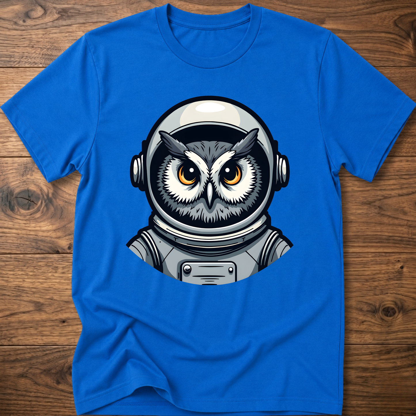 Owl astronaut graphic t-shirt, royal blue; short sleeves, crew neck