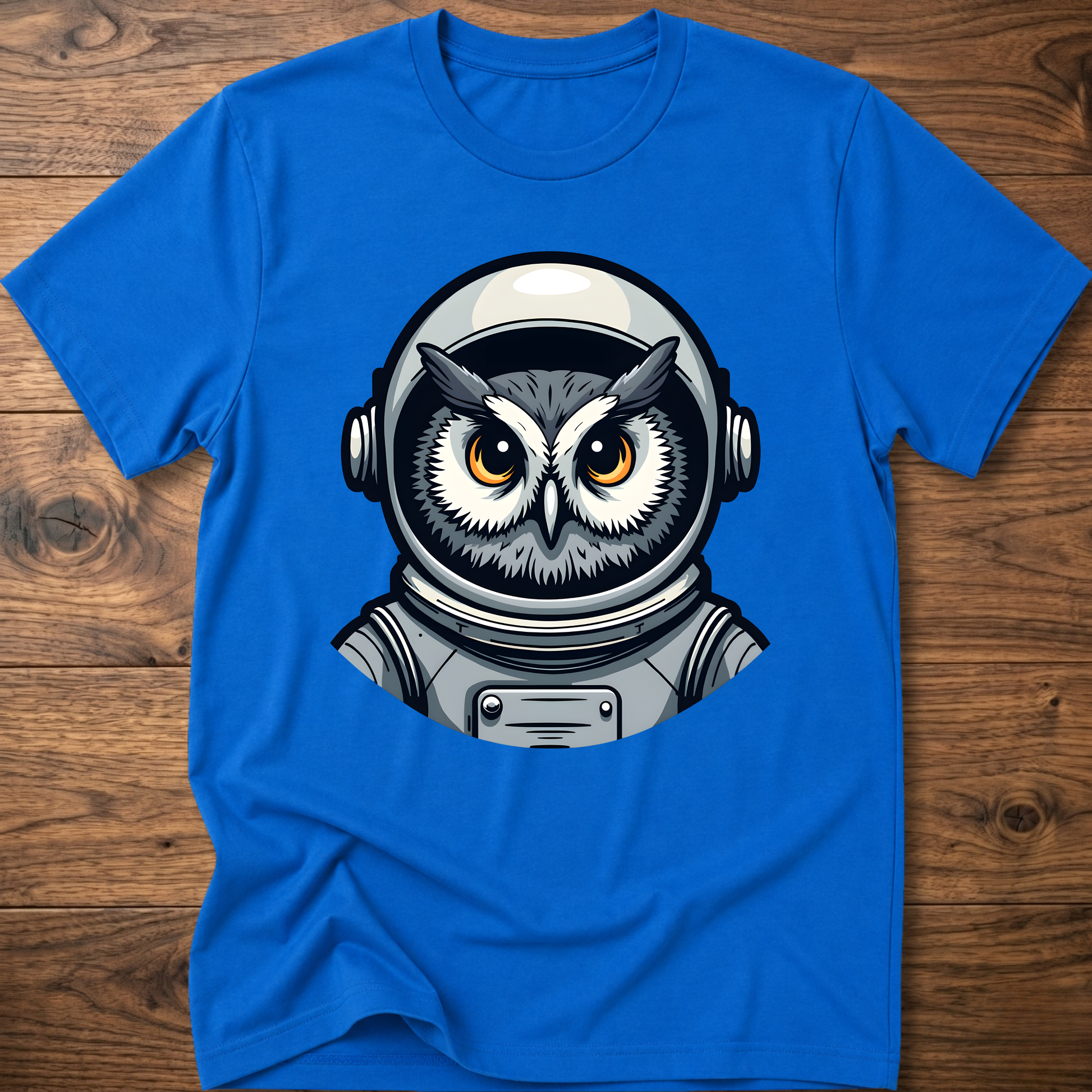 Owl astronaut graphic t-shirt, royal blue; short sleeves, crew neck