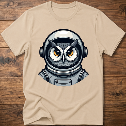 Owl astronaut graphic t-shirt, beige; short sleeves, crew neck