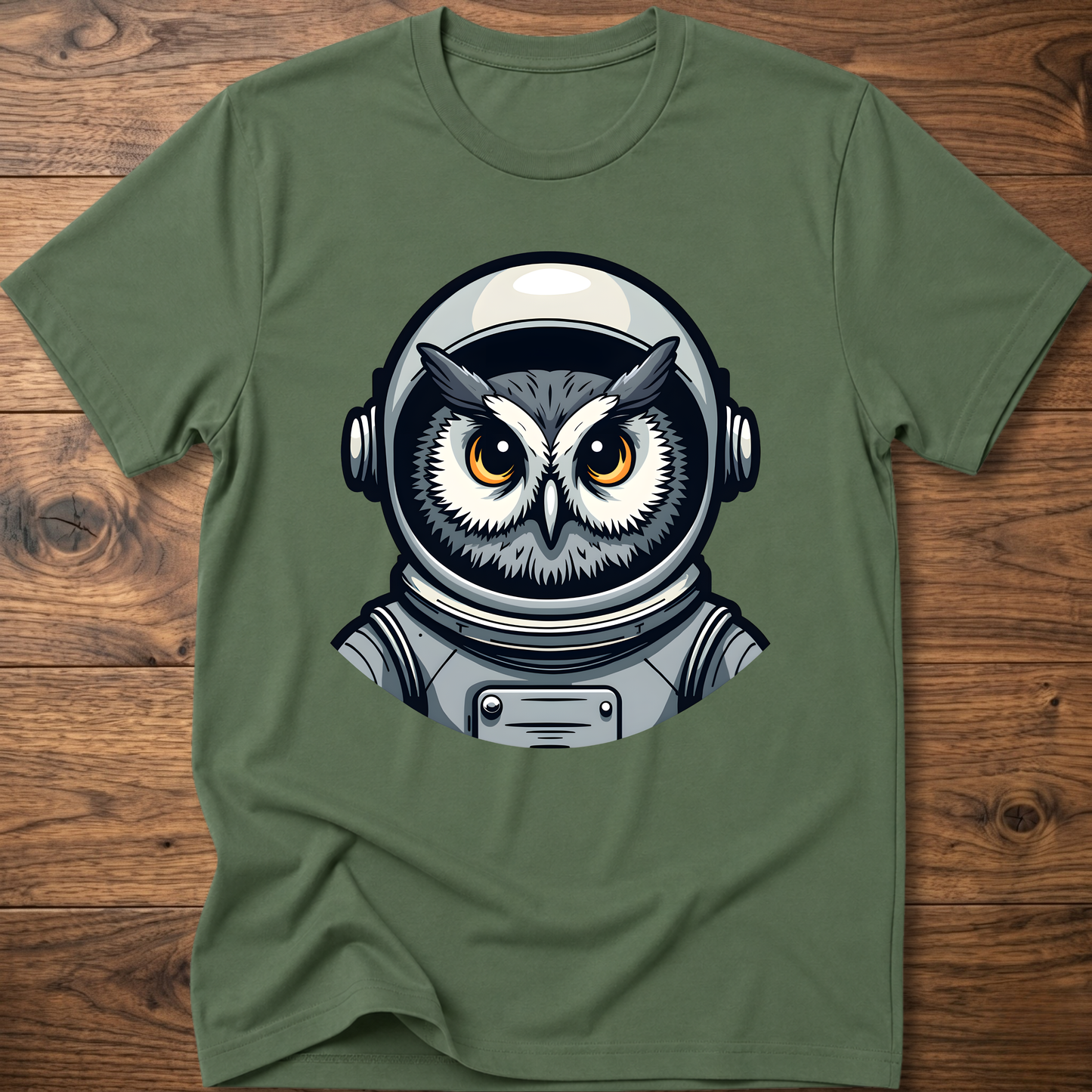 Owl astronaut graphic t-shirt, olive green; short sleeves, crew neck