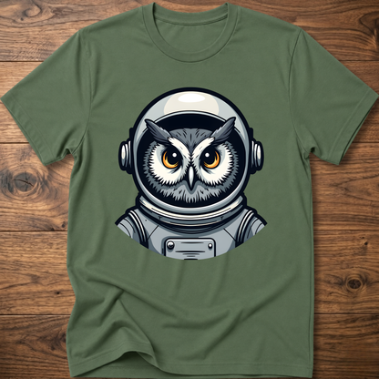 Owl astronaut graphic t-shirt, olive green; short sleeves, crew neck