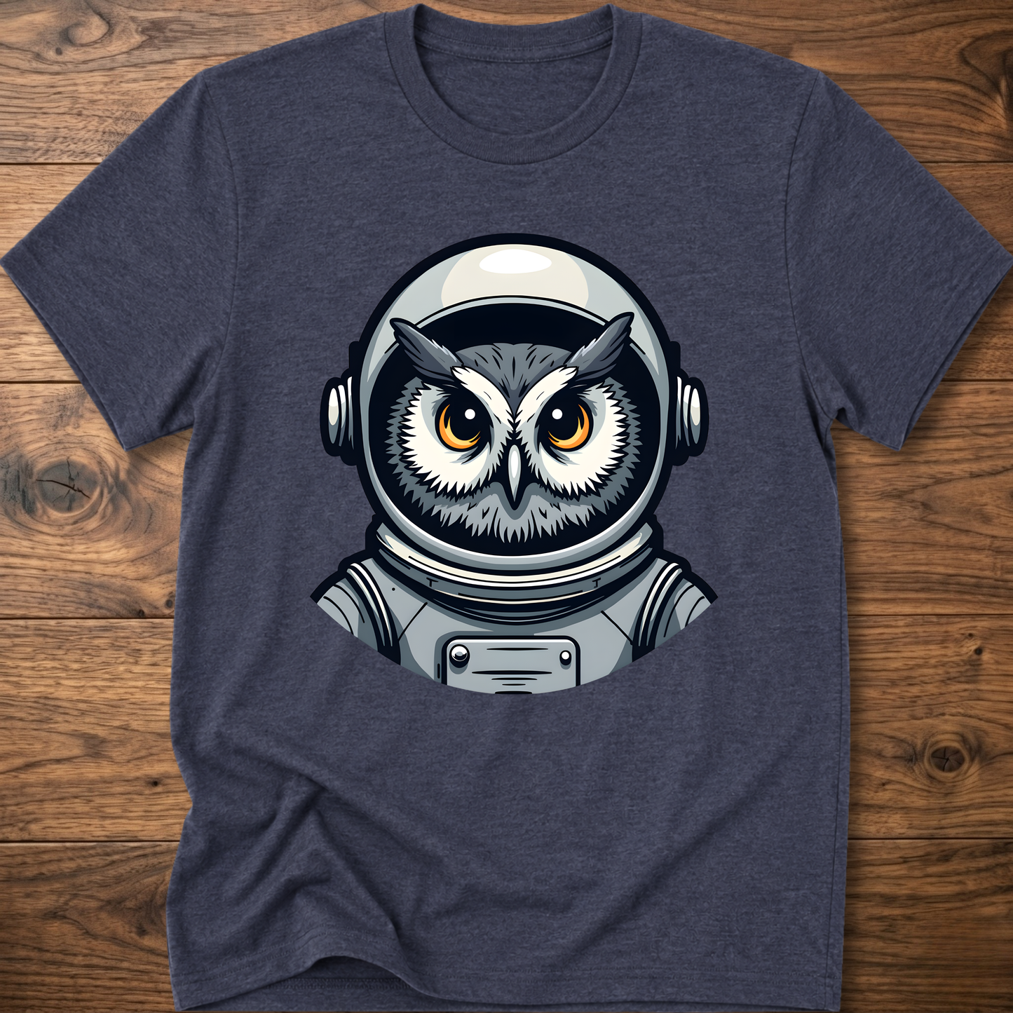 Owl astronaut graphic t-shirt, navy; short sleeves, crew neck