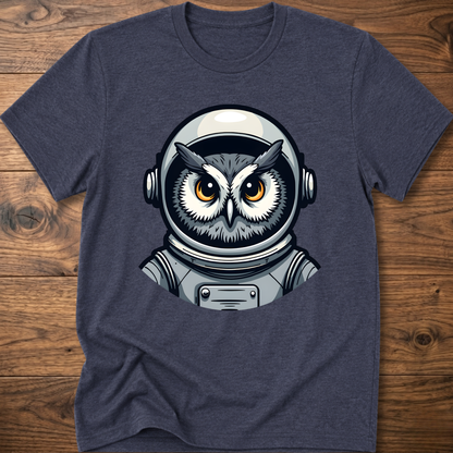 Owl astronaut graphic t-shirt, navy; short sleeves, crew neck