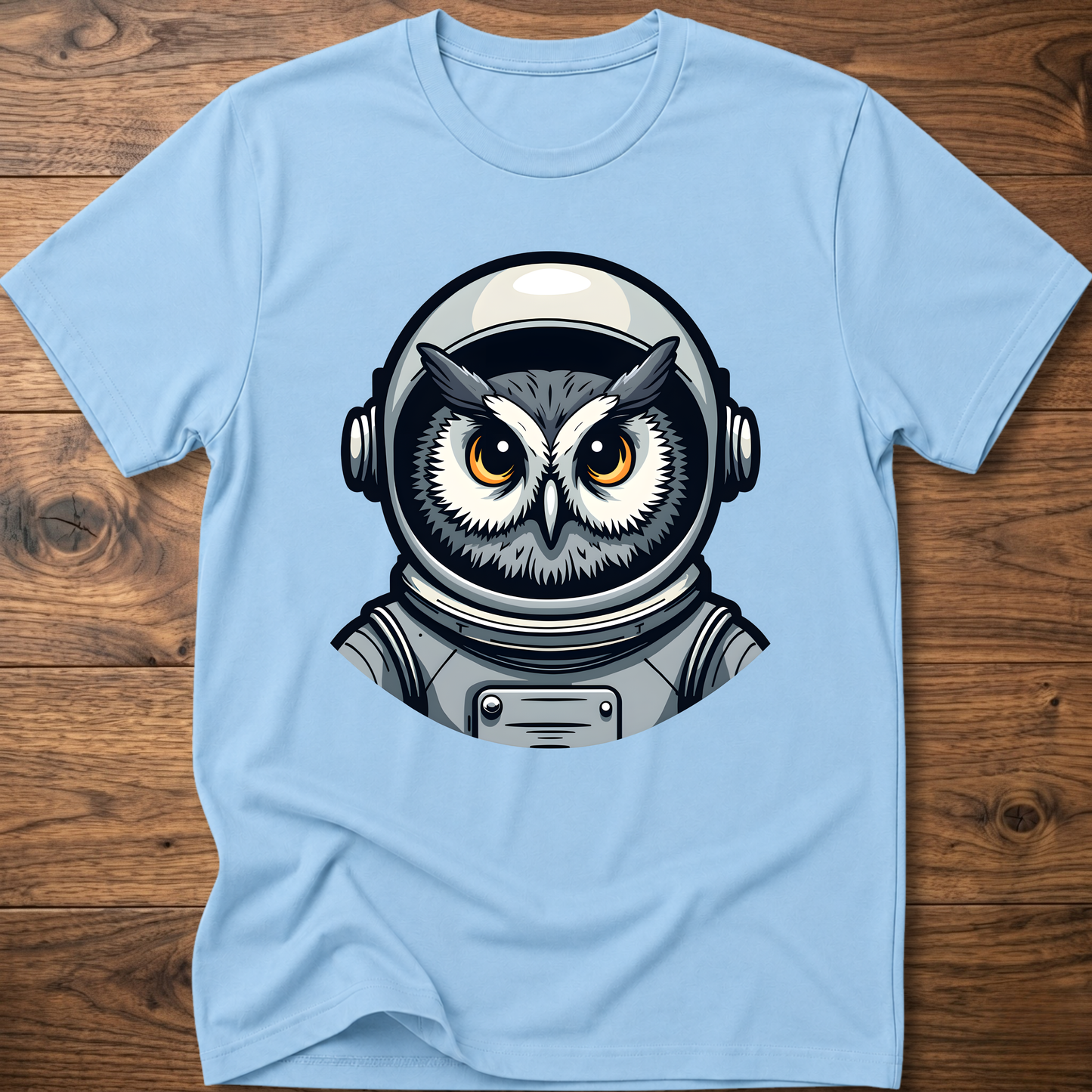 Owl astronaut graphic t-shirt, light blue; short sleeves, crew neck