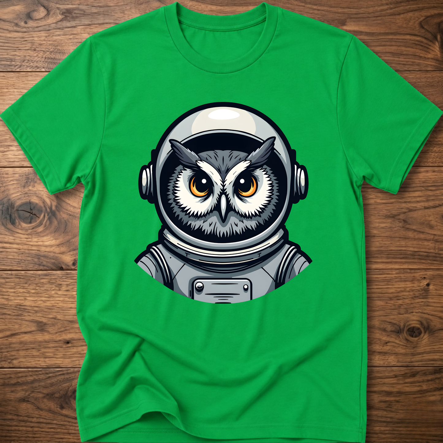 Owl astronaut graphic t-shirt, bright green; short sleeves, crew neck
