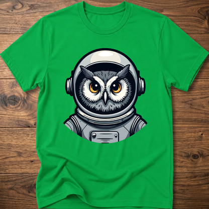 Owl astronaut graphic t-shirt, bright green; short sleeves, crew neck