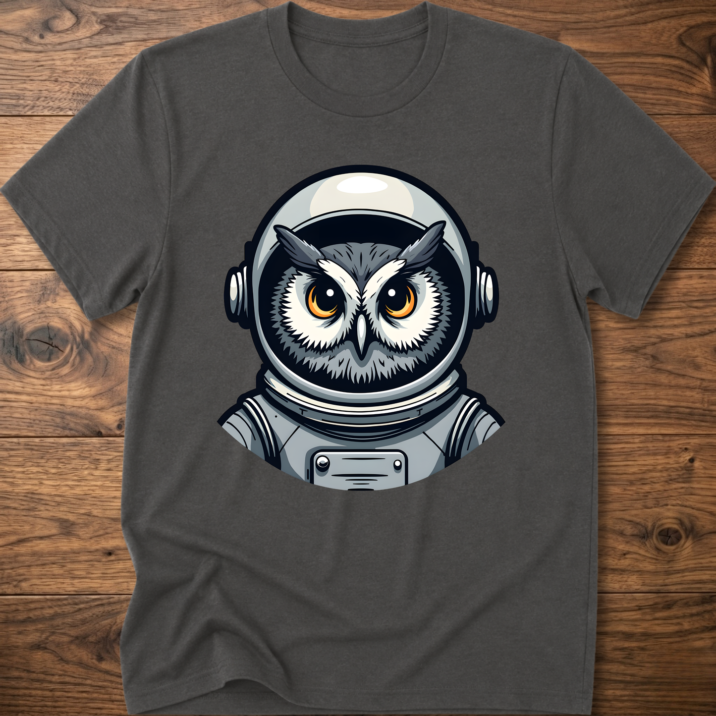 Owl astronaut graphic t-shirt, dark gray; short sleeves, crew neck