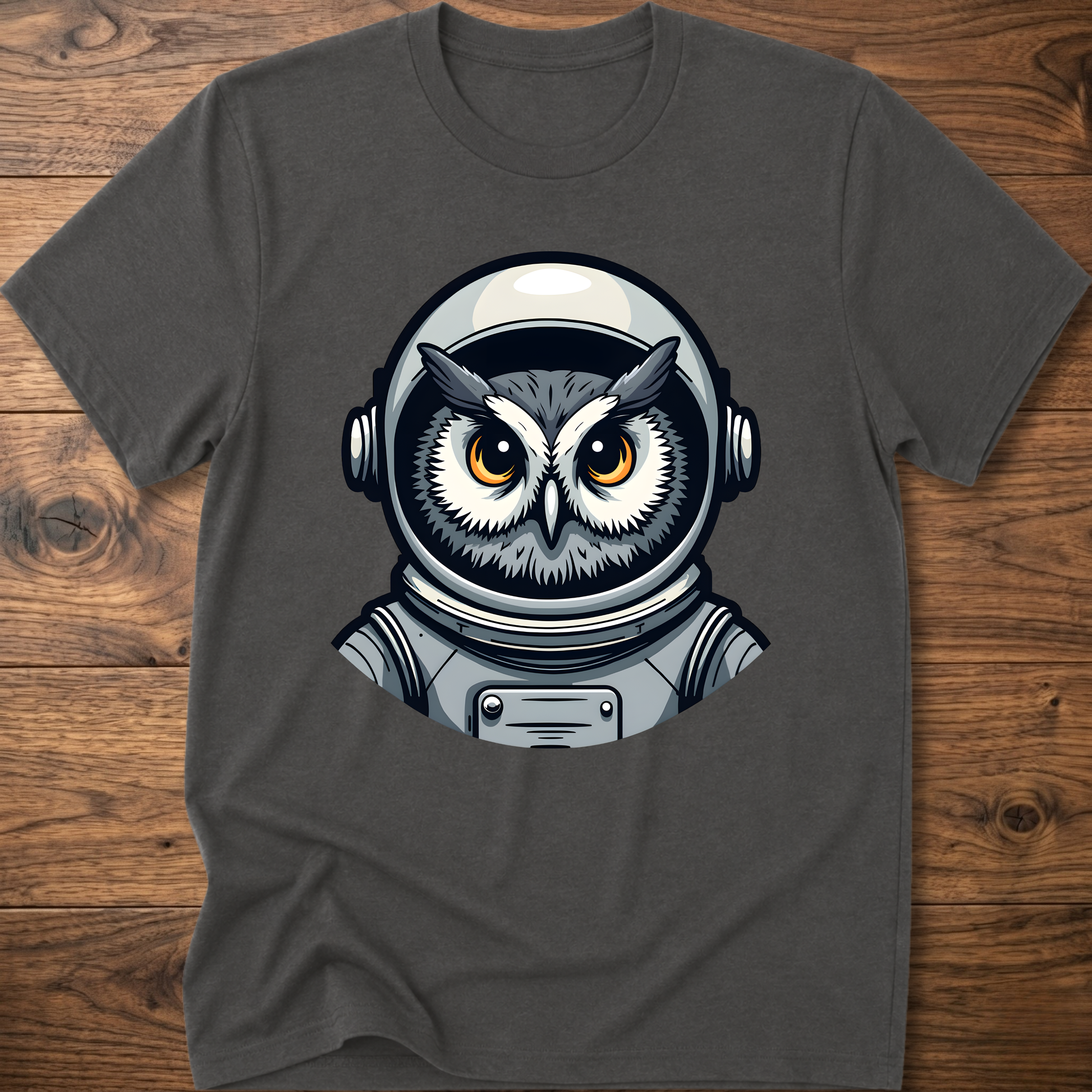 Owl astronaut graphic t-shirt, dark gray; short sleeves, crew neck