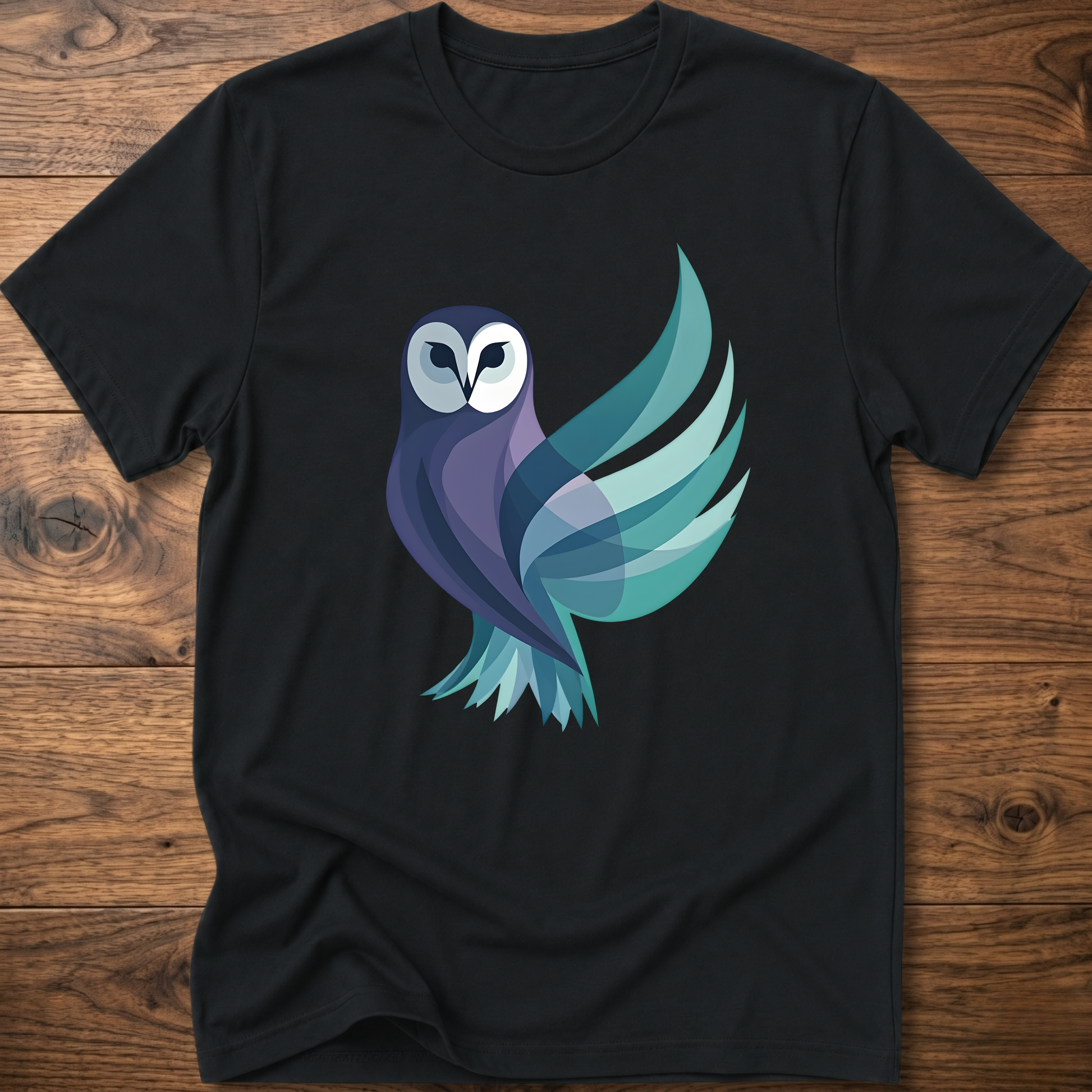 Black T-shirt with geometric owl graphic on the front