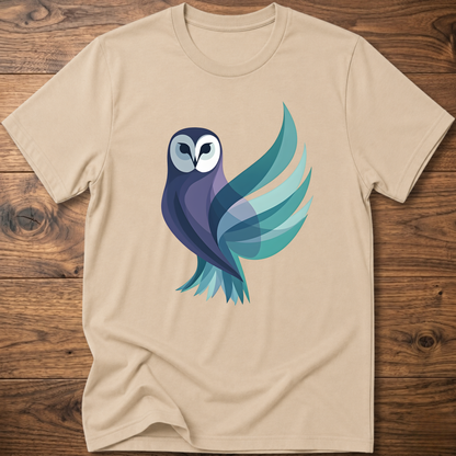 Sand beige T-shirt with geometric owl graphic on the front