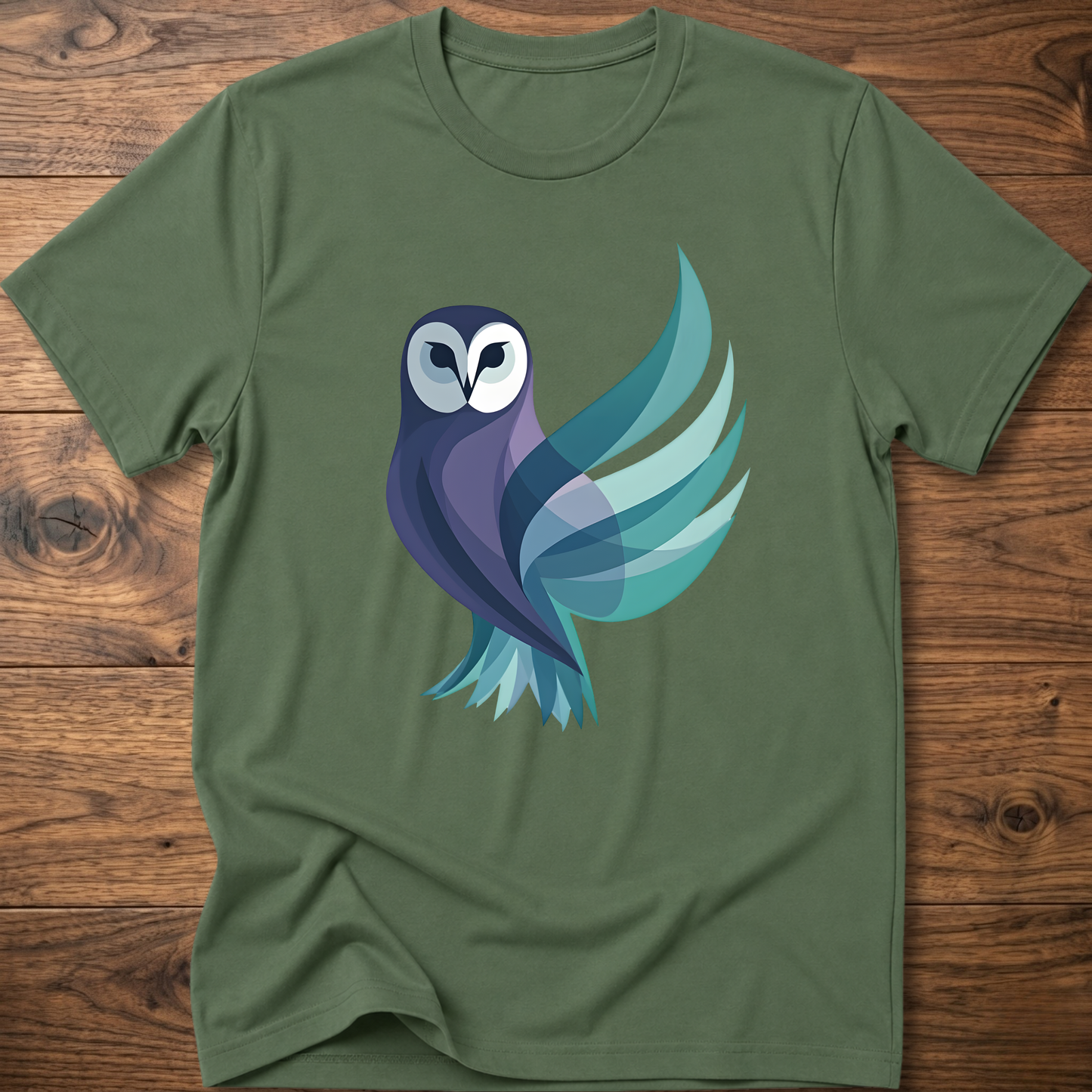 Military green T-shirt with geometric owl graphic on the front