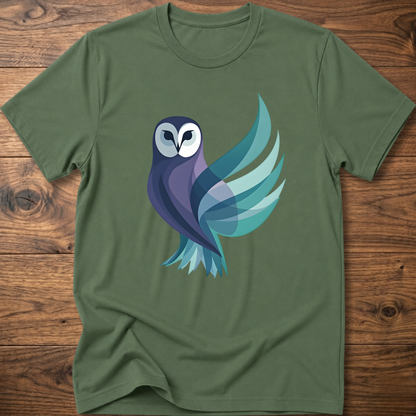 Military green T-shirt with geometric owl graphic on the front