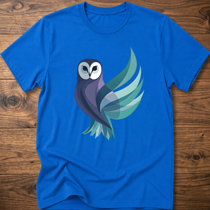 Royal blue T-shirt with geometric owl graphic on the front