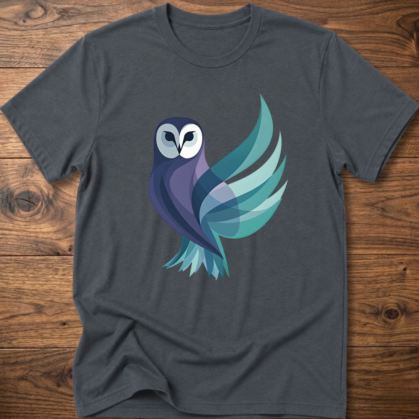 Dark gray T-shirt with geometric owl graphic on the front