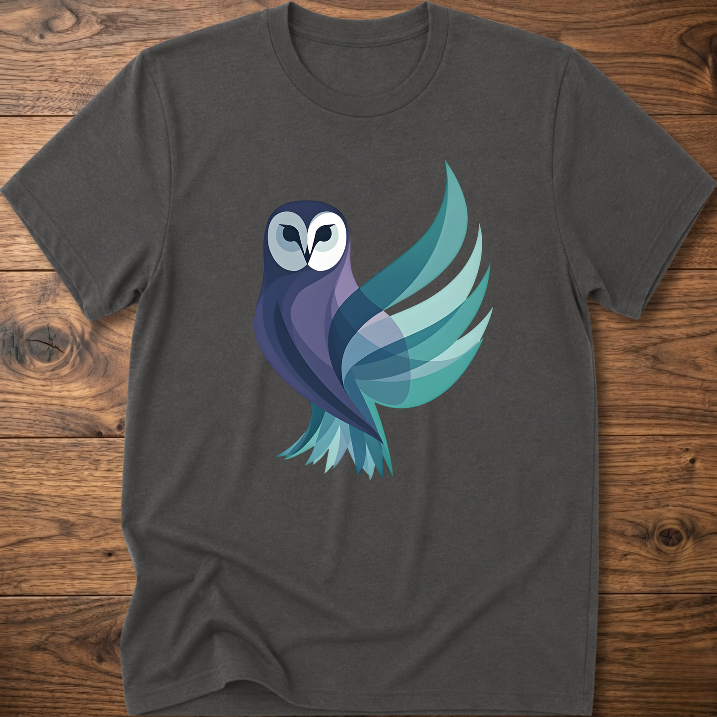 Charcoal gray T-shirt with geometric owl graphic on the front