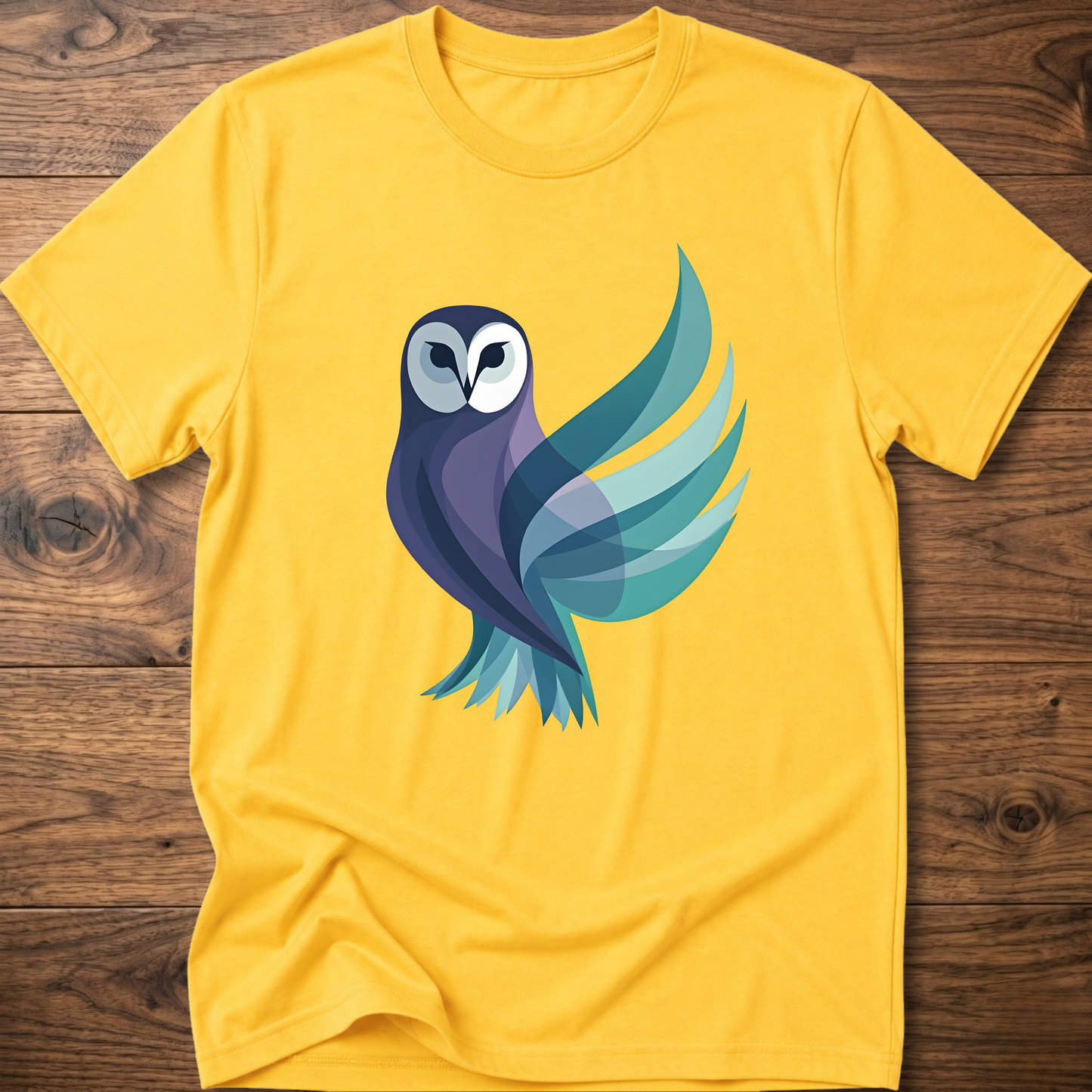 Daisy yellow T-shirt with geometric owl graphic on the front