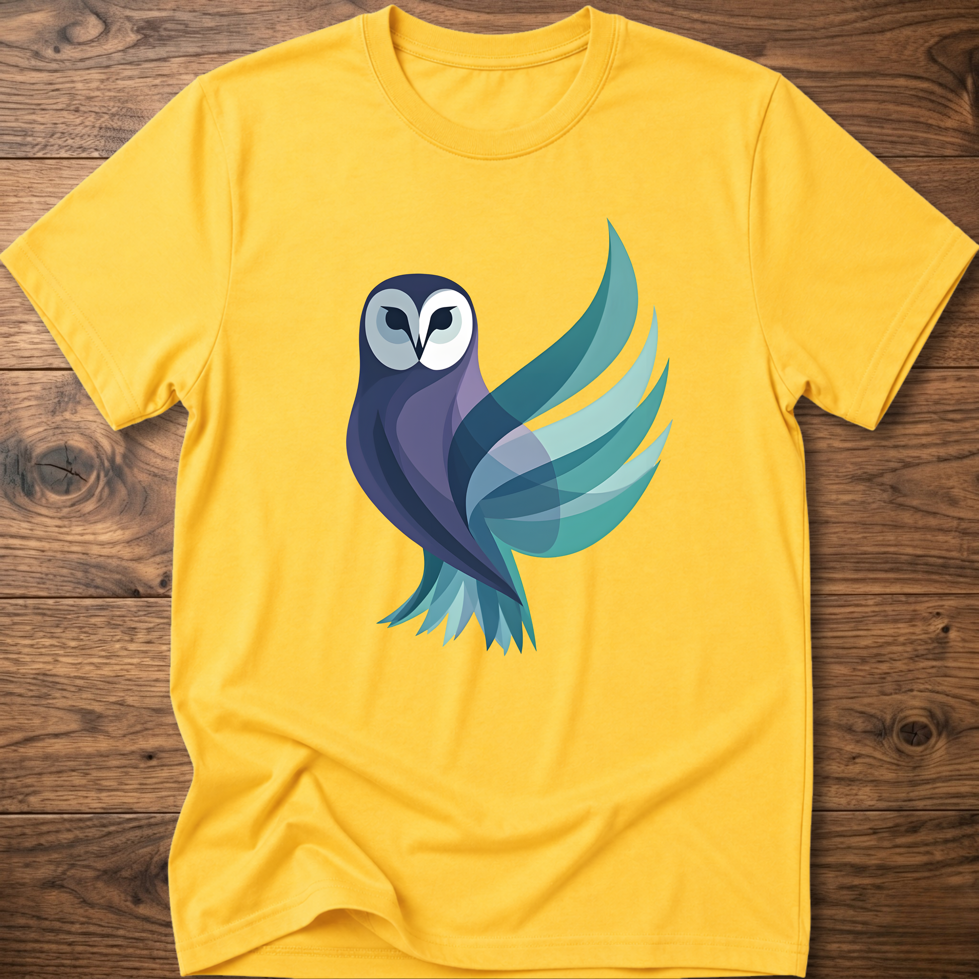 Daisy yellow T-shirt with geometric owl graphic on the front