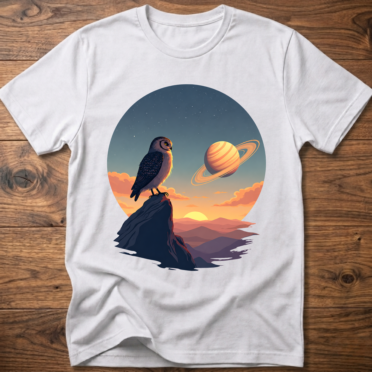 White t-shirt with owl and Saturn planet scene graphic on front